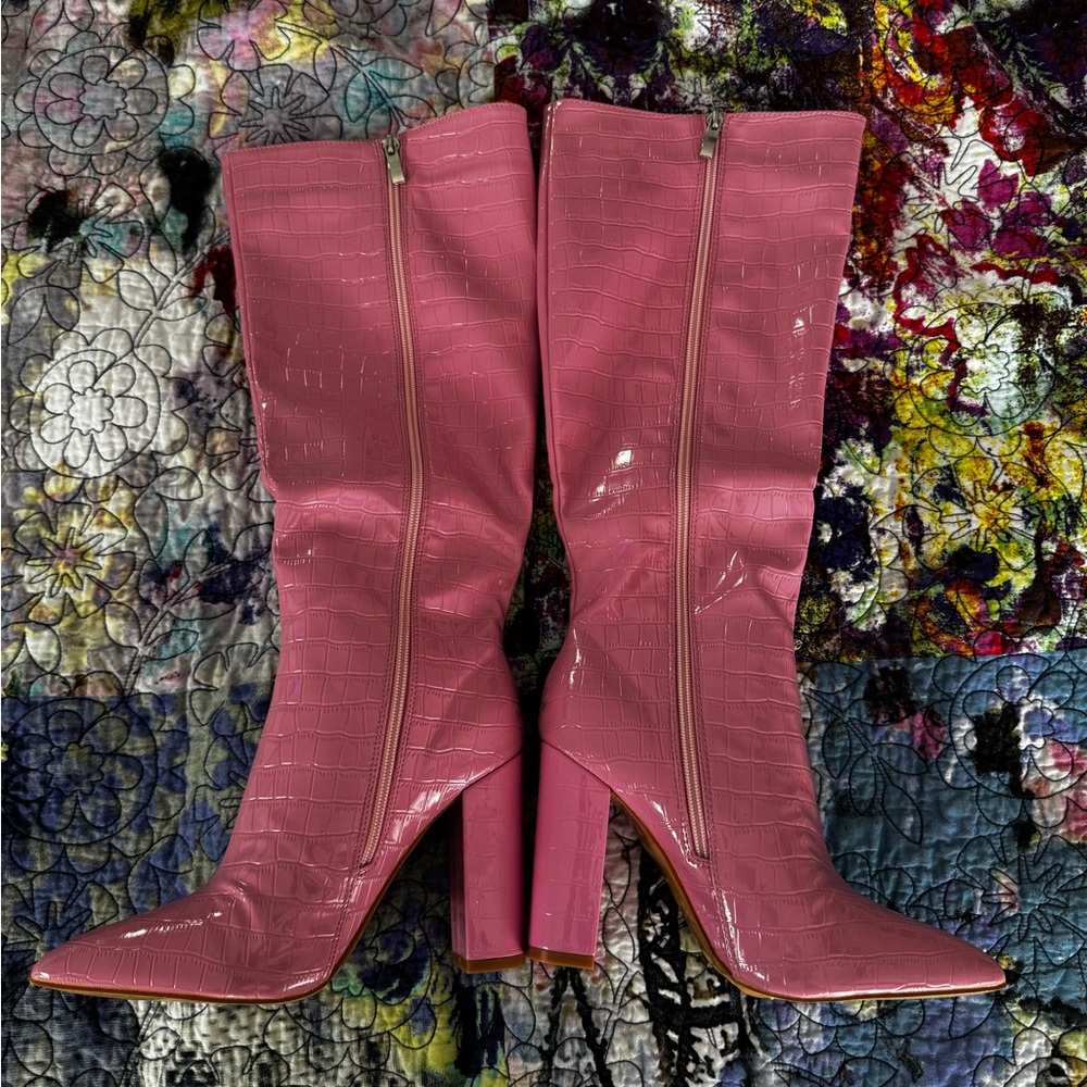 New Pink Croc-Embossed Heeled Boots size 38 - Picture 2 of 10